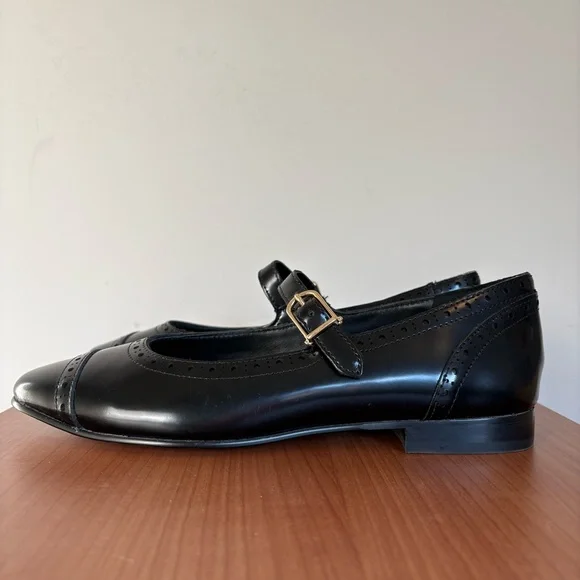 J.Crew Wing Tip Mary Jane Ballet Flats Black Spazzolato Leather 8.5 Runs small - Picture 3 of 8